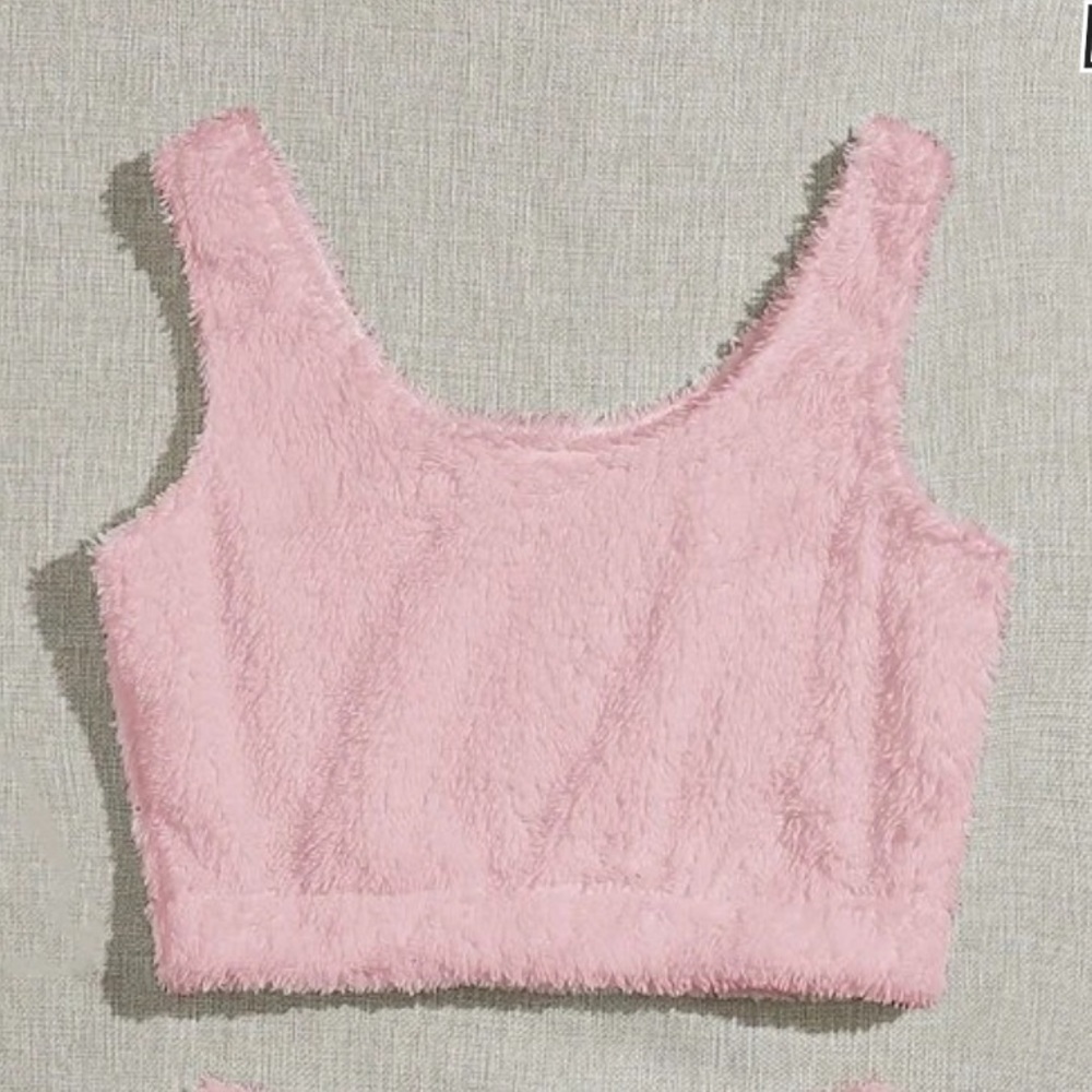 Fuzzy cropped tank top and shorts lounge set